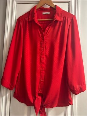 mandee Red Button-Front Tie-Hem Blouse